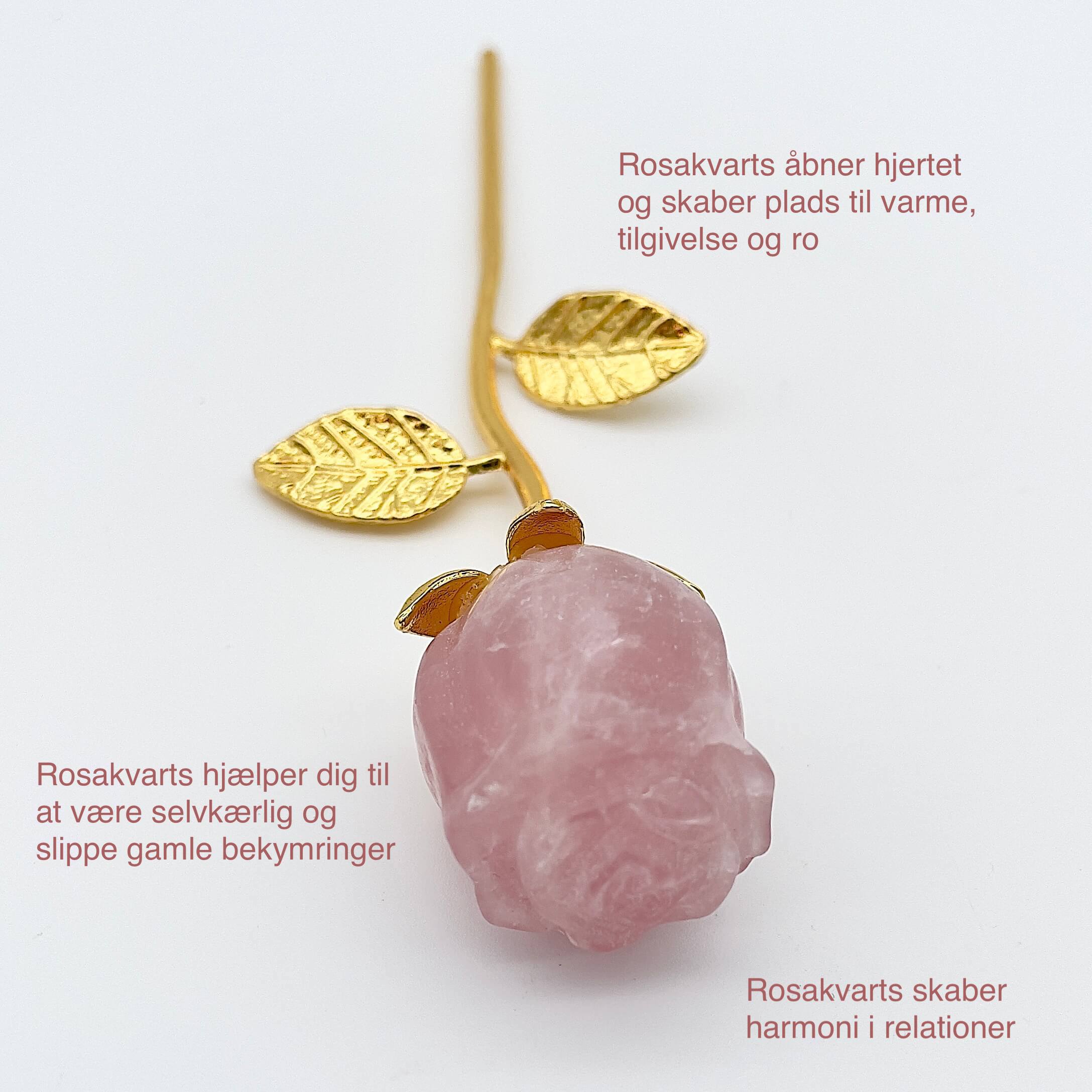 Rosakvarts Rose med guldfarvet stilk krystal sten med tags