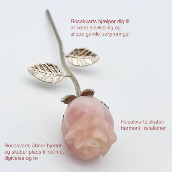 Rosakvarts Rose med sølvfarvet stilk krystal sten med tags
