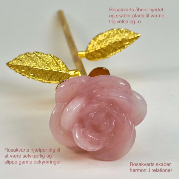 Stor rosakvarts Rose med Guldfarvet stilk krystal sten med tags
