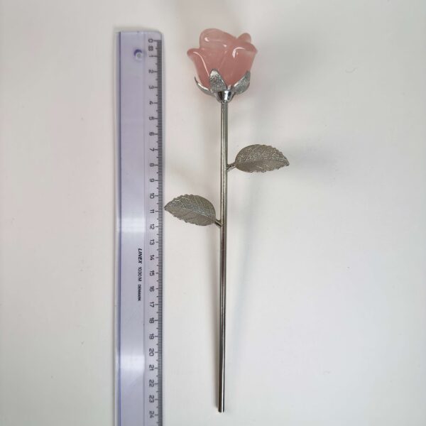 Stor rosakvarts Rose med sølvfarvet stilk krystal sten ved siden af lineal