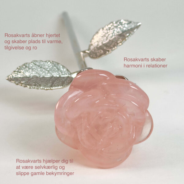 Stor rosakvarts Rose med sølvfarvet stilk krystal sten med tags