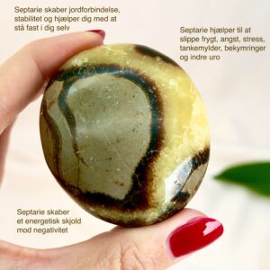 Septarie Håndsten Krystal Sten I hånd på hvid baggrund med tags