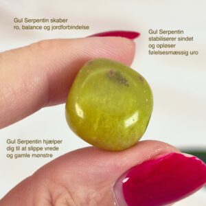 Gul Serpentin Lommesten krystal samling i hånd på hvid baggrund med tags