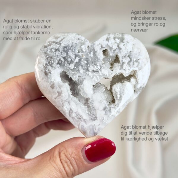 Agat Blomst Hjerte Krystal Sten i hånd på hvid baggrund med tags