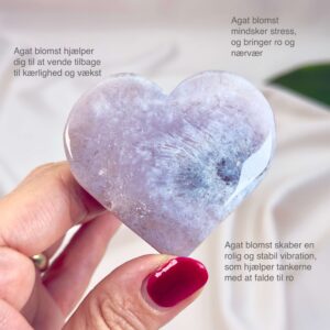 Agat Blomst Hjerte Krystal Sten i hånd på hvid baggrund med tags