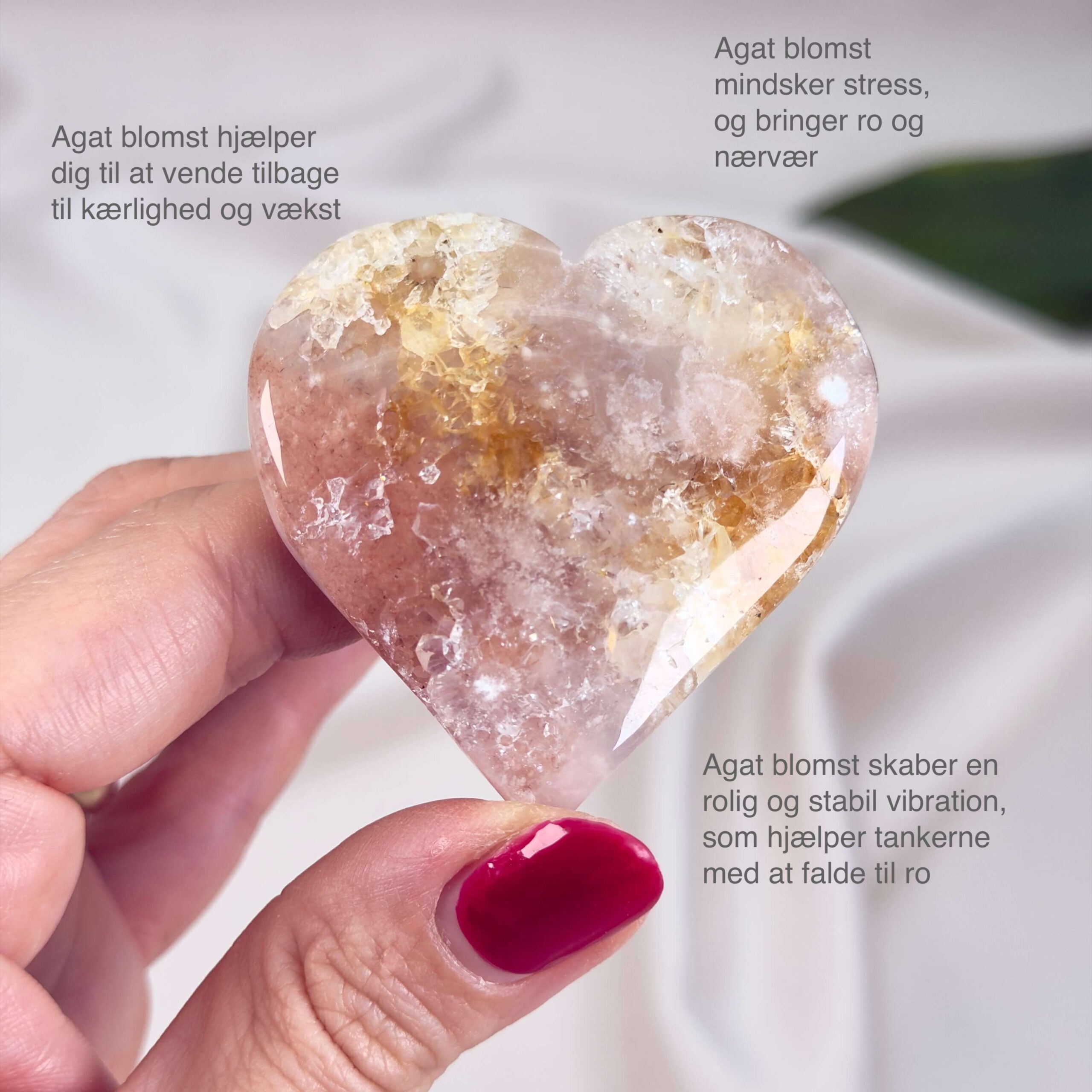 Agat Blomst Hjerte Krystal Sten i hånd på hvid baggrund med tags