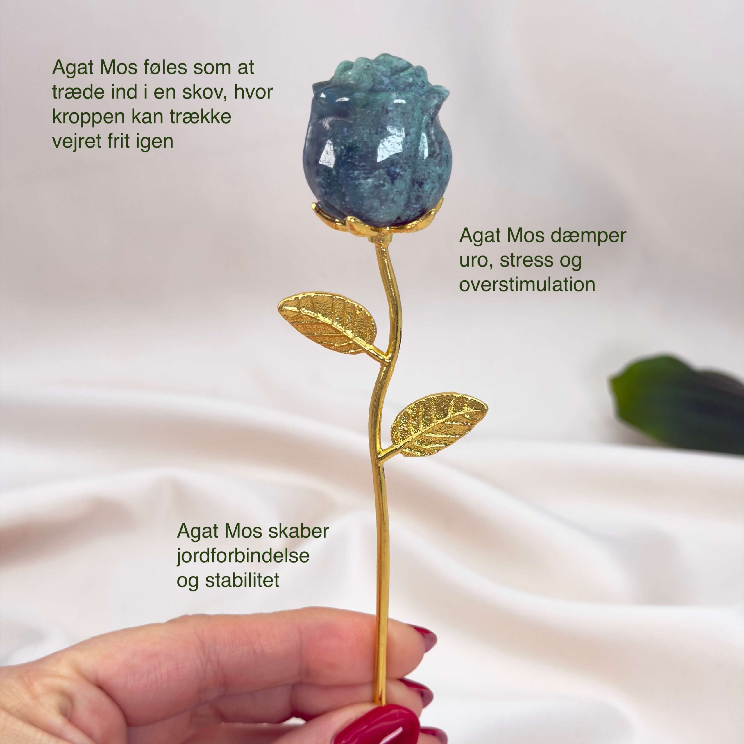 Agat Mos Rose krystal sten i hånd på hvid baggrund