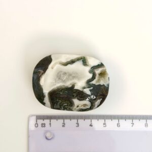 Agat Træ Håndsten Krystal sten med lineal på hvid baggrund