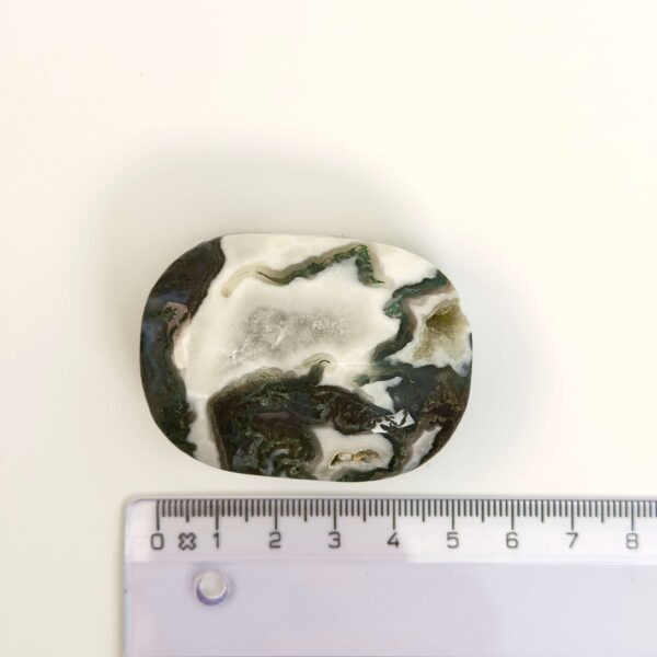 Agat Træ Håndsten Krystal sten med lineal på hvid baggrund