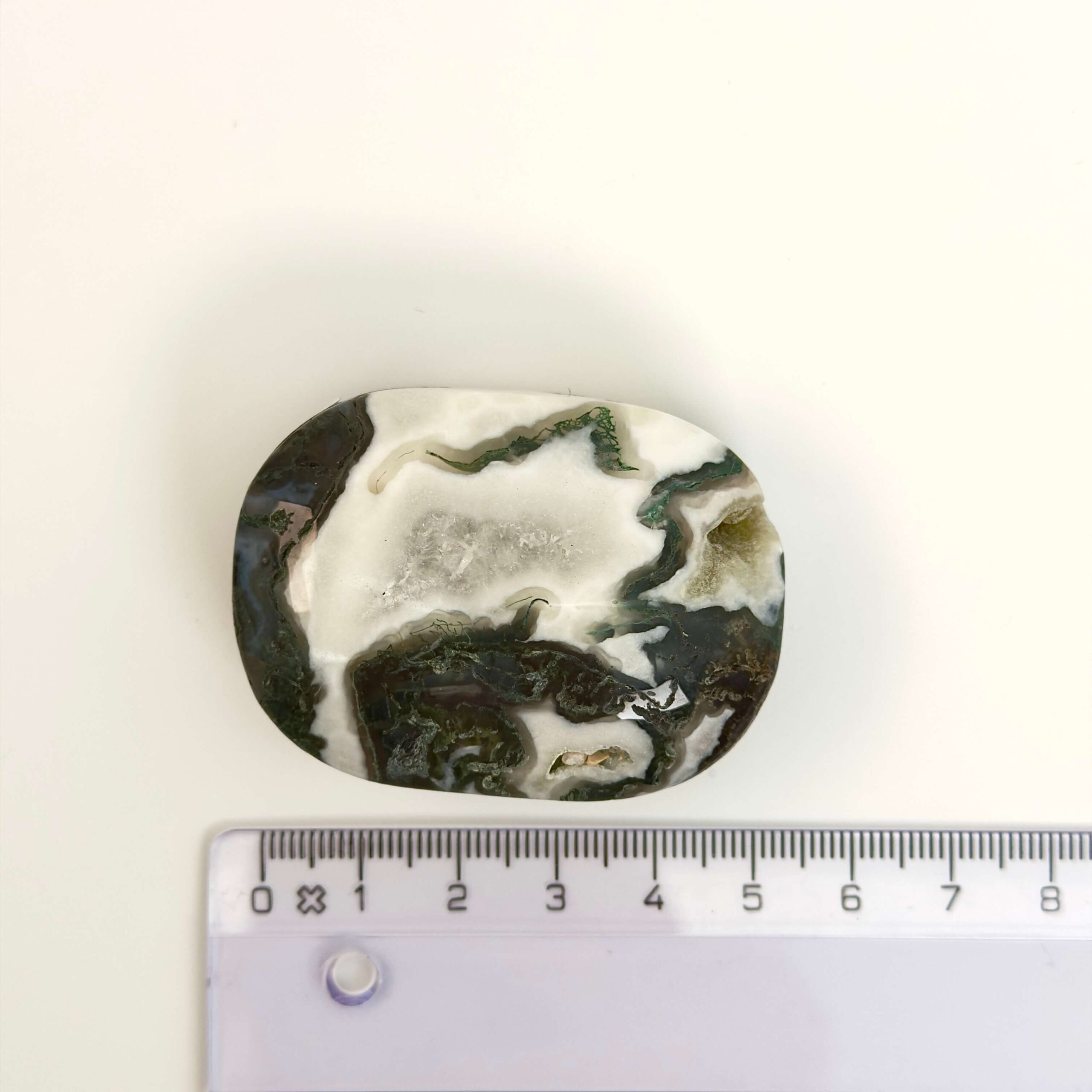 Agat Træ Håndsten Krystal sten med lineal på hvid baggrund