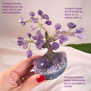 Ametyst Træ krystal sten i hånd på rosa baggrund med tags