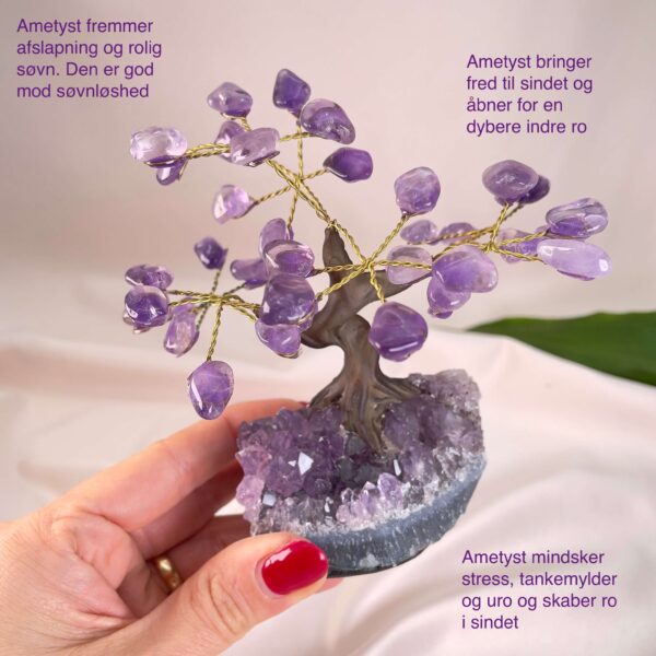 Ametyst Træ krystal sten i hånd på rosa baggrund med tags