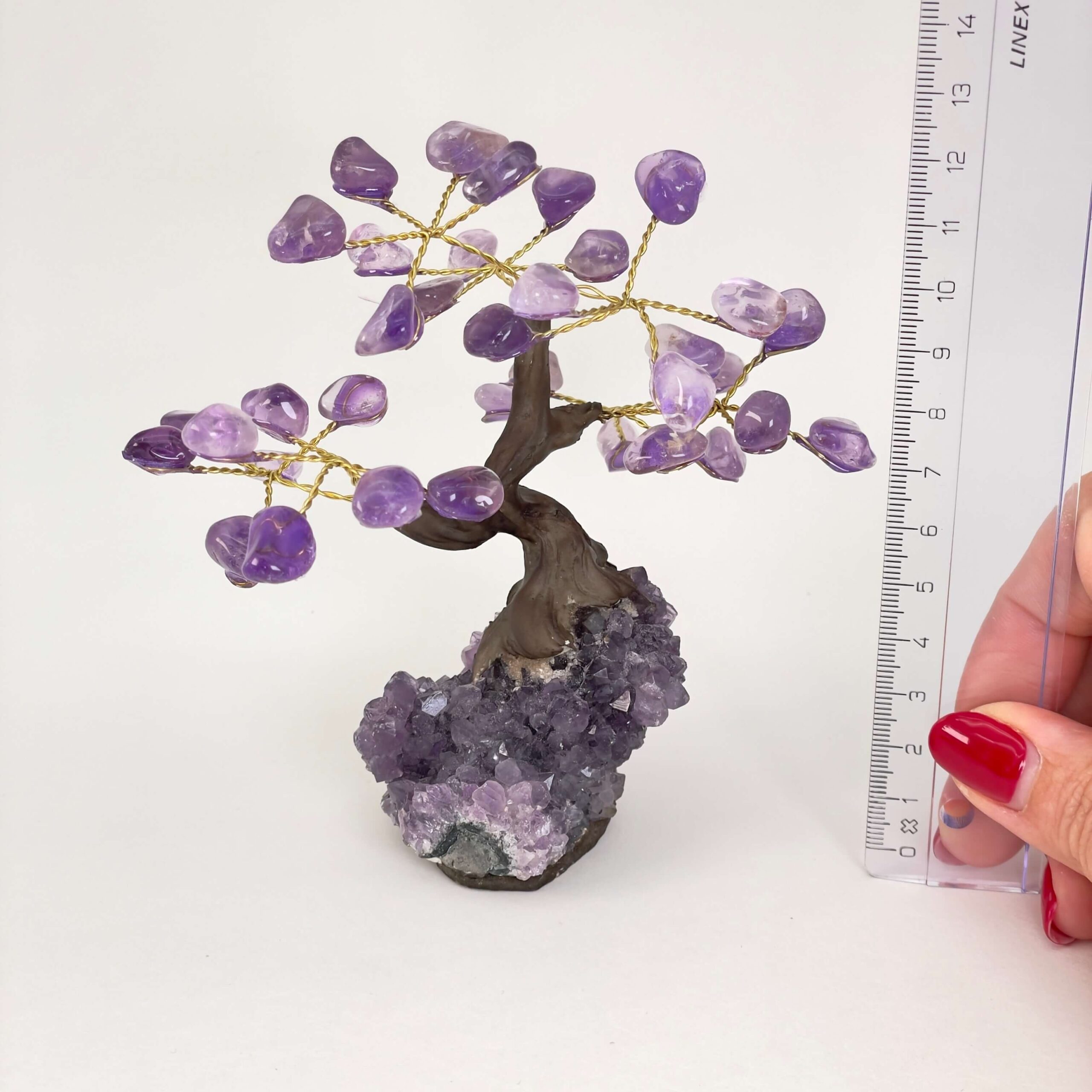 Ametyst Træ Krystal Sten med lineal på hvid baggrund