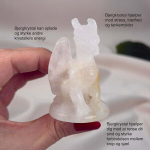 Bjergkrystal Drage krystal sten i hånd på hvid baggrund med tags