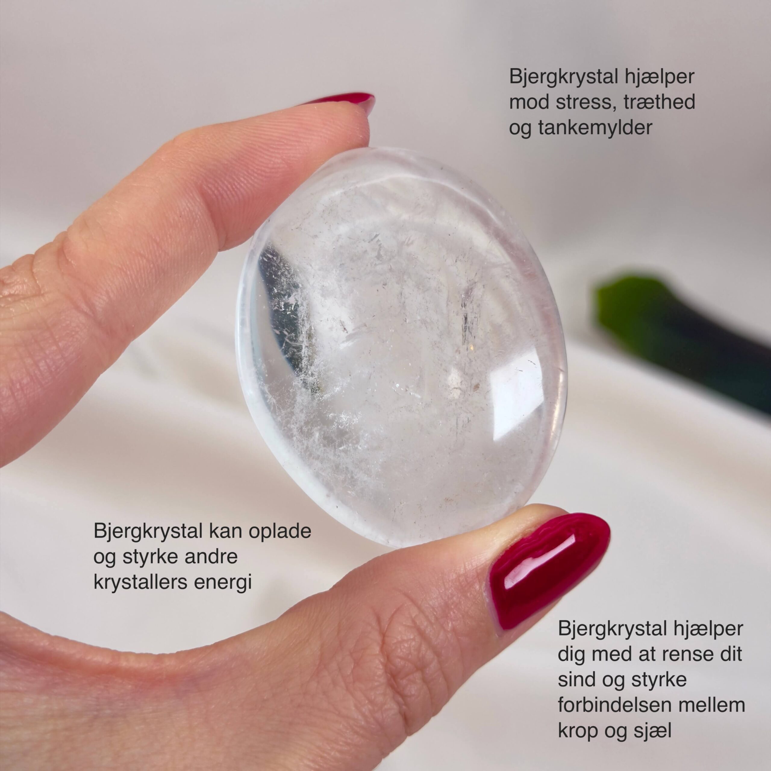 Bjergkrystal Håndsten krystal sten i hånd på hvid baggrund med tags