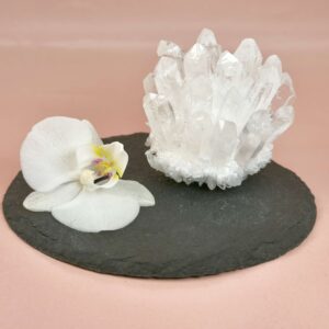 Bjergkrystal Klynge krystal sten på fad på rosa baggrund