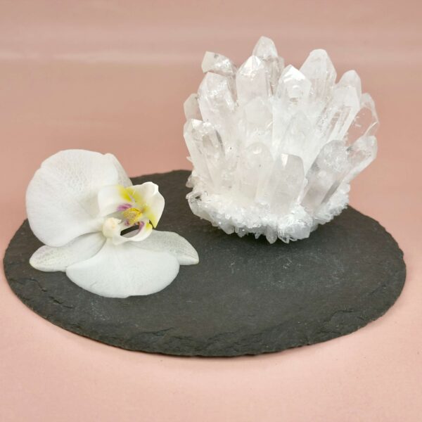 Bjergkrystal Klynge krystal sten på fad på rosa baggrund