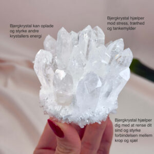 Bjergkrystal Klynge krystal sten i hånd på hvid baggrund med tags