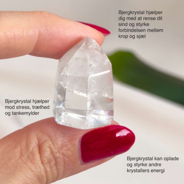 Mini Bjergkrystal Spids krystal sten i hånd på hvid baggrund med tags