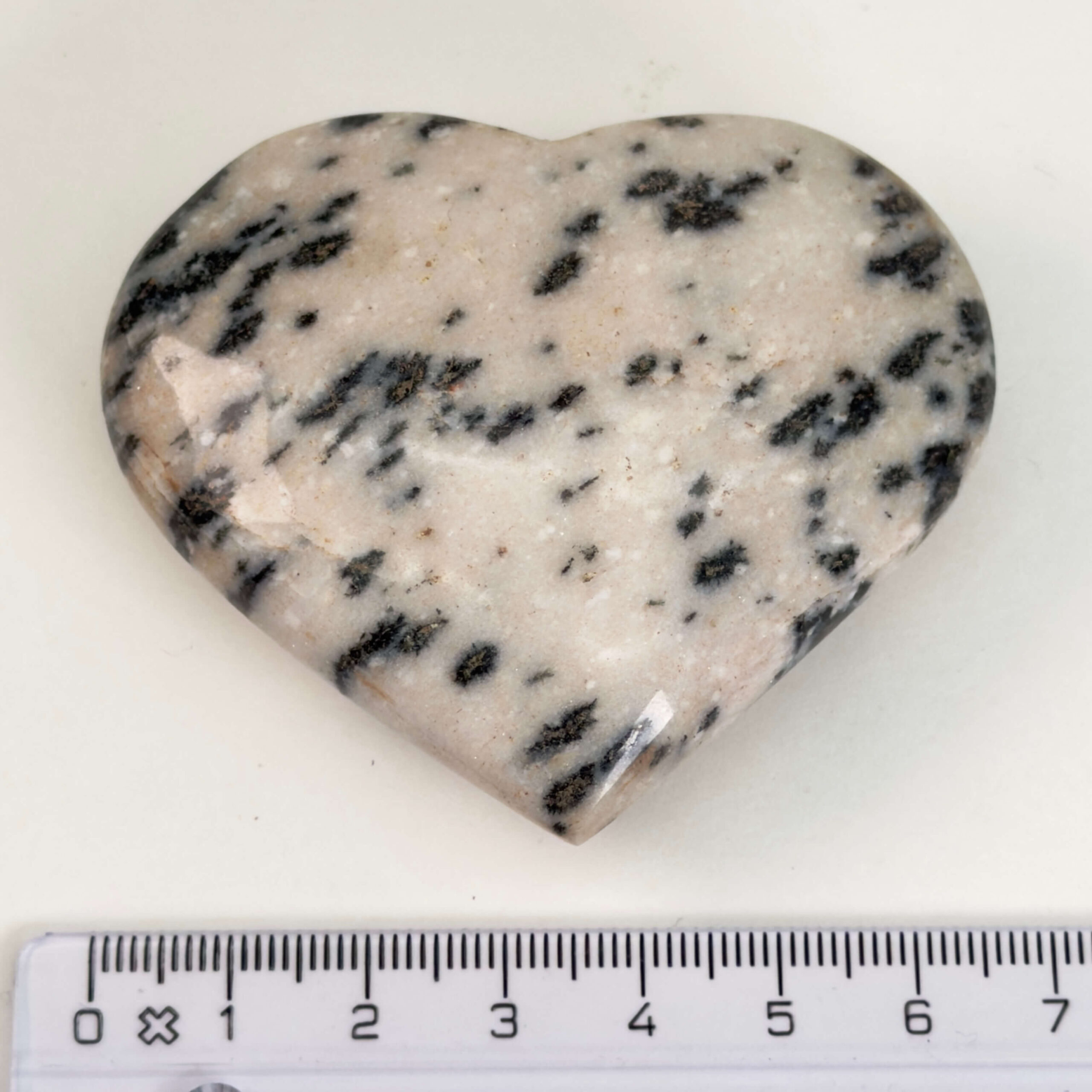 Dalmatiner Jaspis Hjerte Krystal Sten med lineal på hvid baggrund