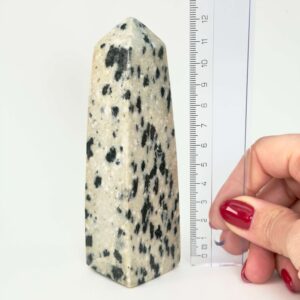 Dalmatiner Jaspis Tårn Krystal Sten med lineal på hvid baggrund