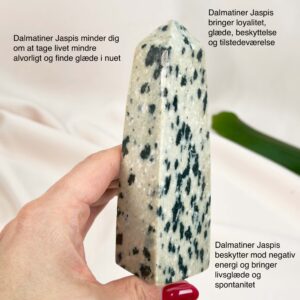 Dalmatiner Jaspis Tårn Krystal Sten i hånd på hvid baggrund