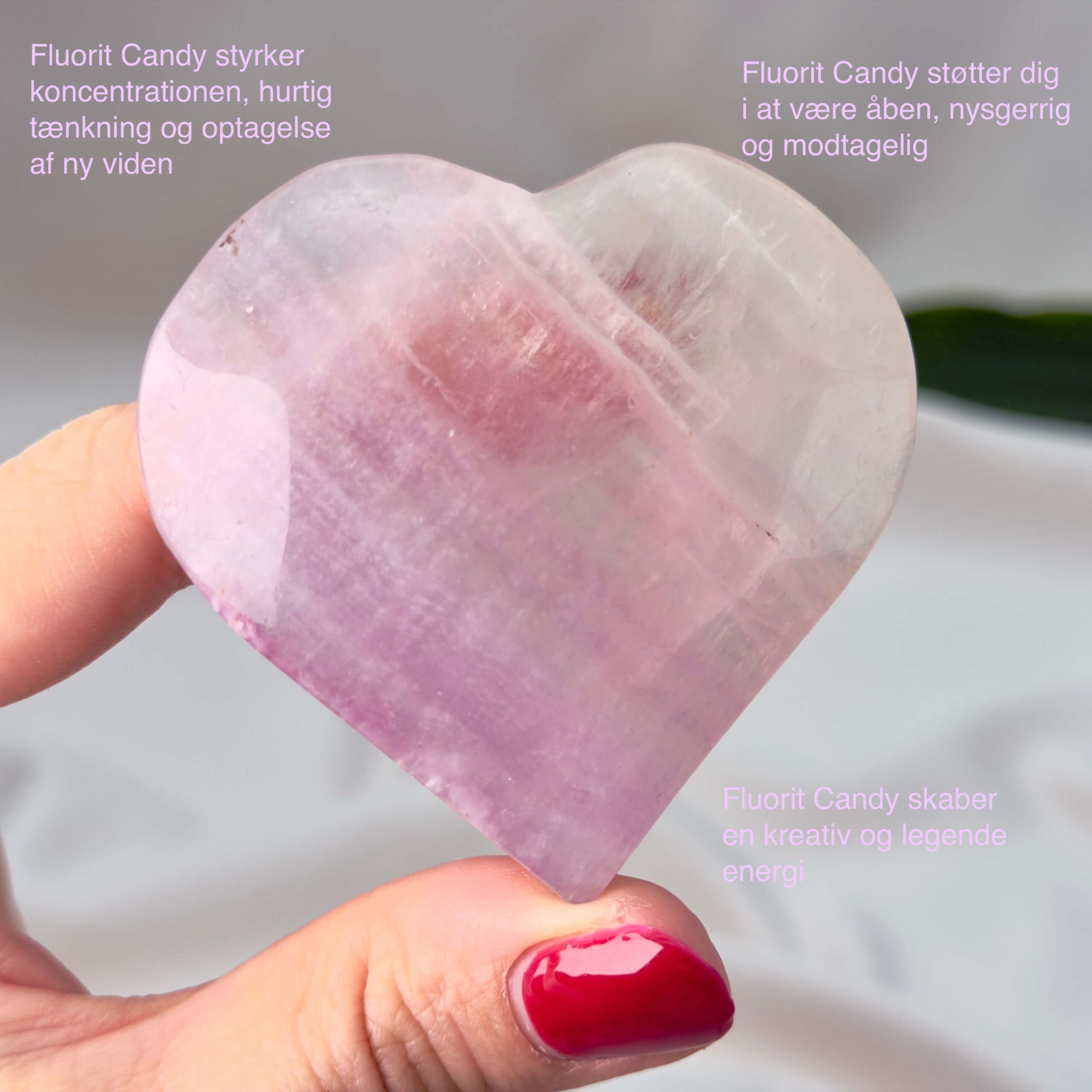 Fluorit Candy Hjerte Krystal Sten i hånd på hvid baggrund med tags