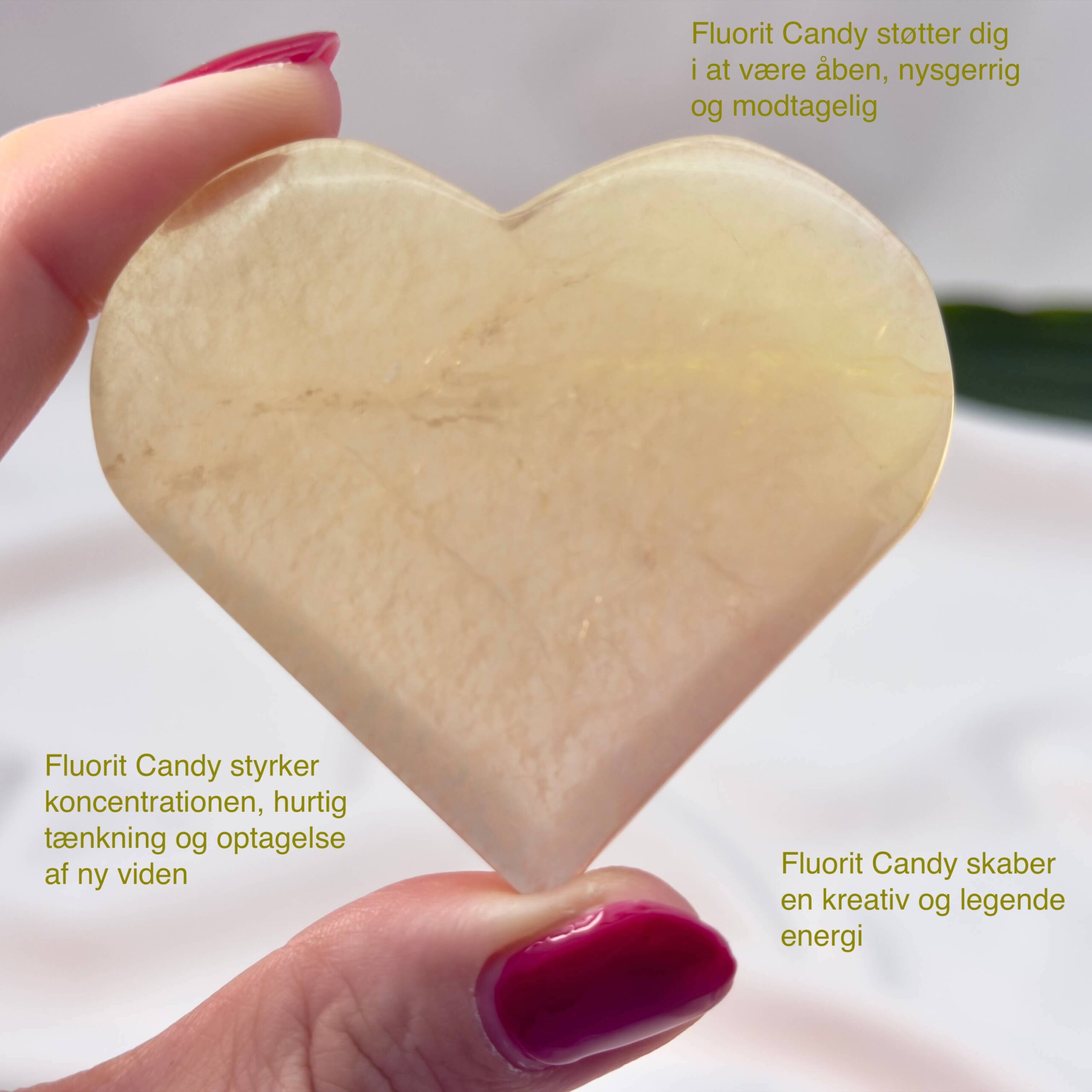 Fluorit Candy Hjerte Krystal Sten i hånd på hvid baggrund med tags