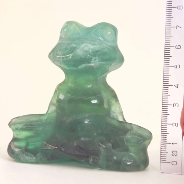 Fluorit Grøn Meditationsfrø krystal sten med lineal på hvid baggrund