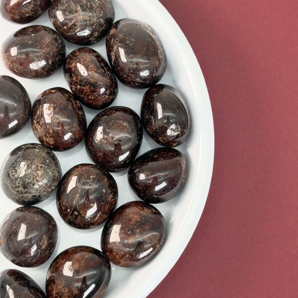 Granat Lommesten krystal sten samling på rød baggrund