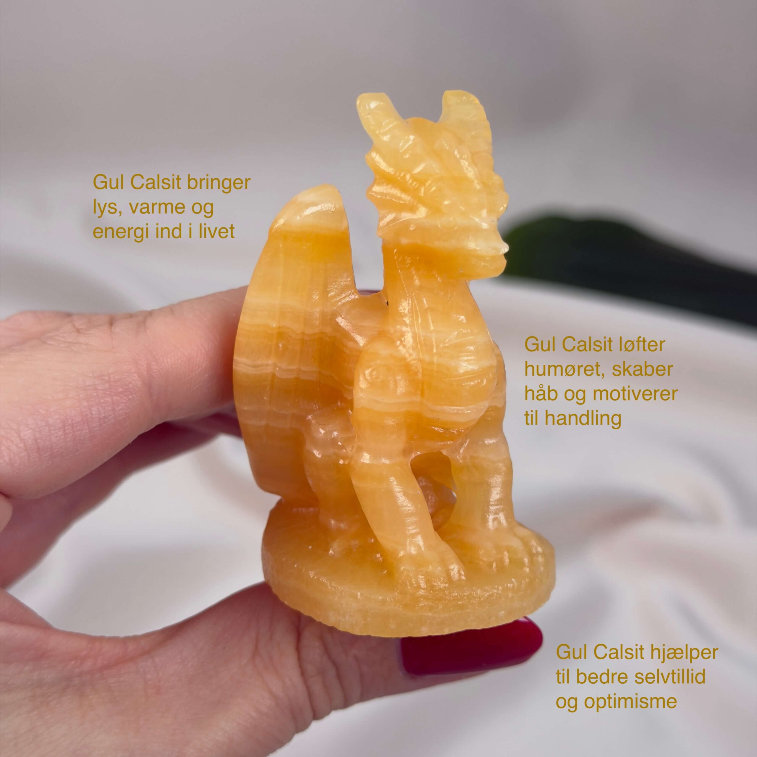 Gul Calsit Drage Krystal Sten i hånd på hvid baggrund med tags