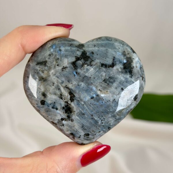 Larvikit Hjerte krystal sten i hånd på hvid baggrund
