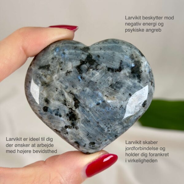 Larvikit Hjerte krystal sten i hånd på hvid baggrund med tags