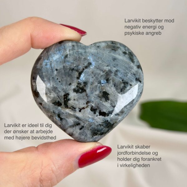 Larvikit Hjerte krystal sten i hånd på hvid baggrund med tags
