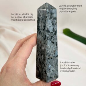 Larvikit Tårn krystal sten i hånd på hvid baggrund med tags