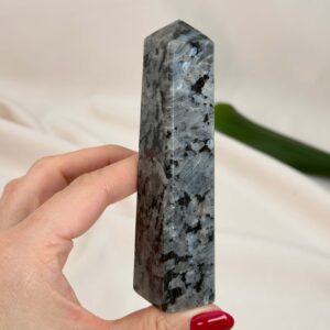 Larvikit Tårn krystal sten i hånd på hvid baggrund