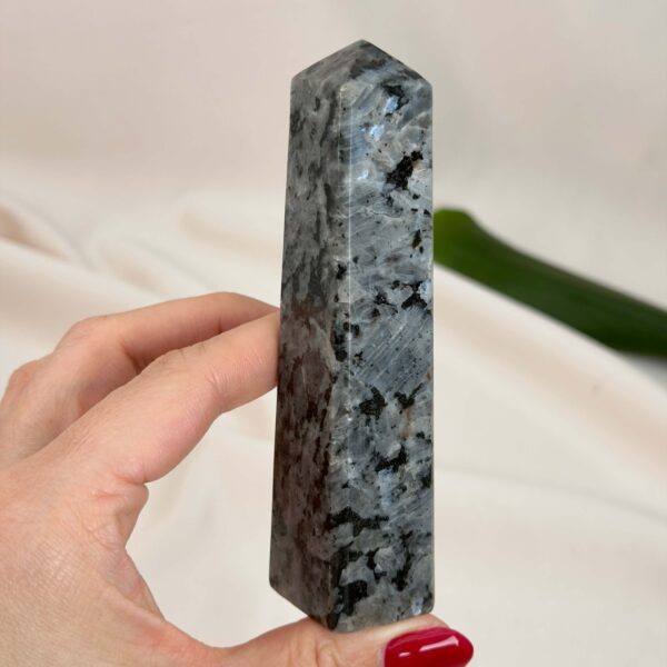 Larvikit Tårn krystal sten i hånd på hvid baggrund