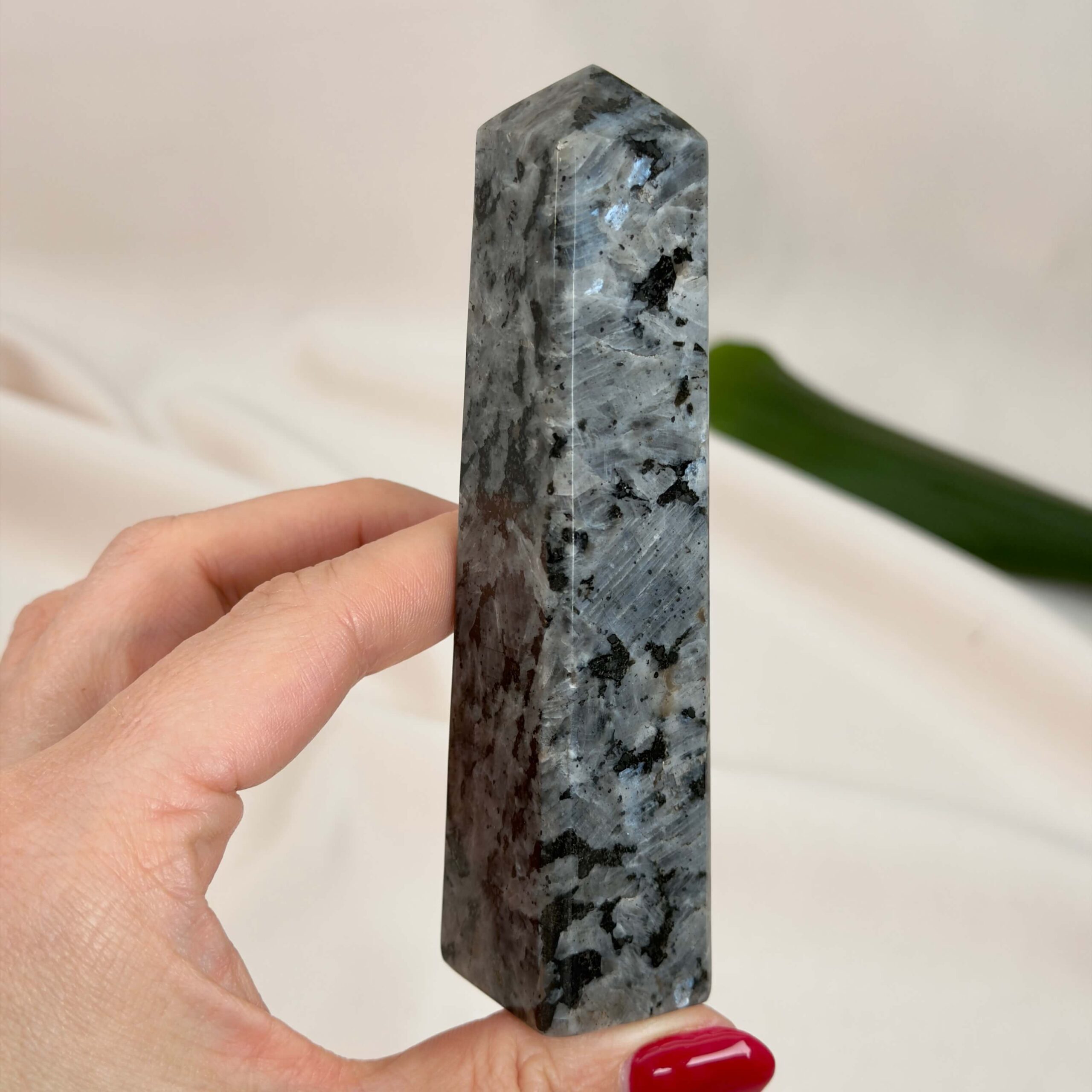 Larvikit Tårn krystal sten i hånd på hvid baggrund