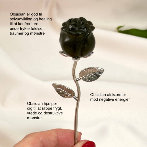 Sort Obsidian rose beskytter mod negativ energi, giver stærk jordforbindelse og hjælper med at frigive gamle mønstre, så du kan stå mere sikkert i dig selv.