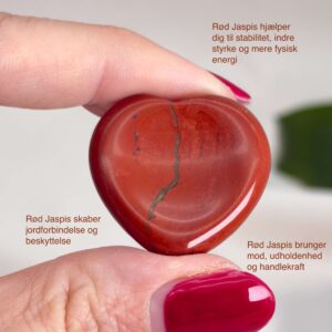 Rød Jaspis bekymringssten krystal sten i hånd på hvid baggrund med tags