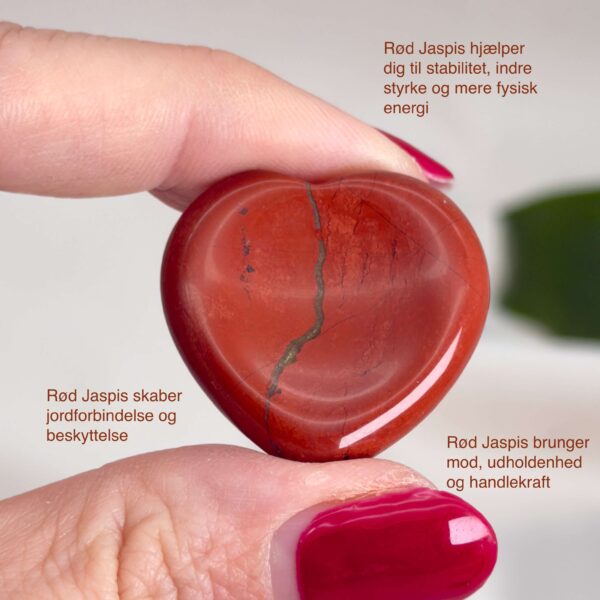 Rød Jaspis bekymringssten krystal sten i hånd på hvid baggrund med tags