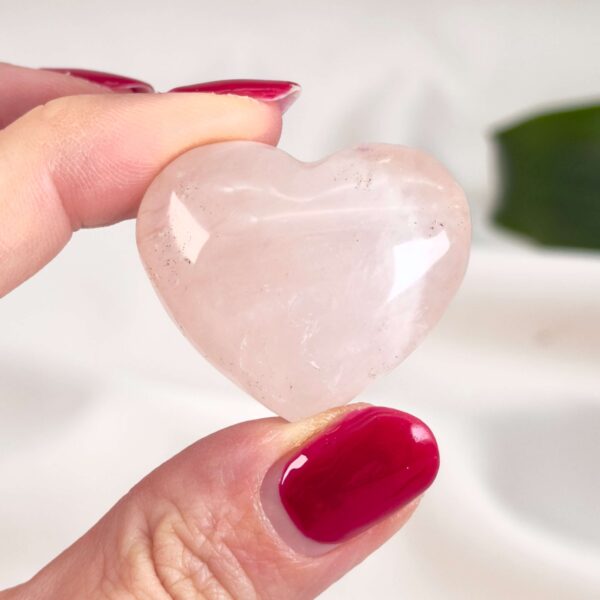 Rosakvarts Hjerte Krystal Sten på hvid baggrund i hånd