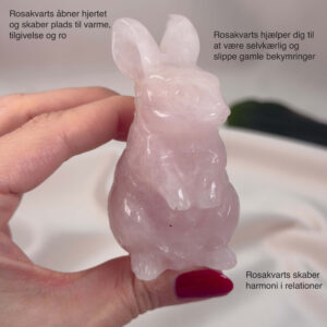 Rosakvarts Kanin krystal sten i hånd på hvid baggrund med tags