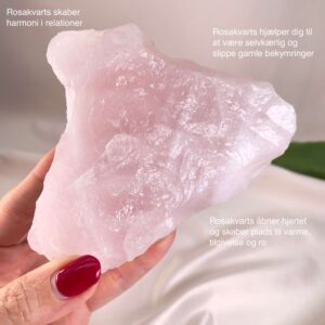 Rosakvarts Rå krystal sten i hånd på hvid baggrund med tags