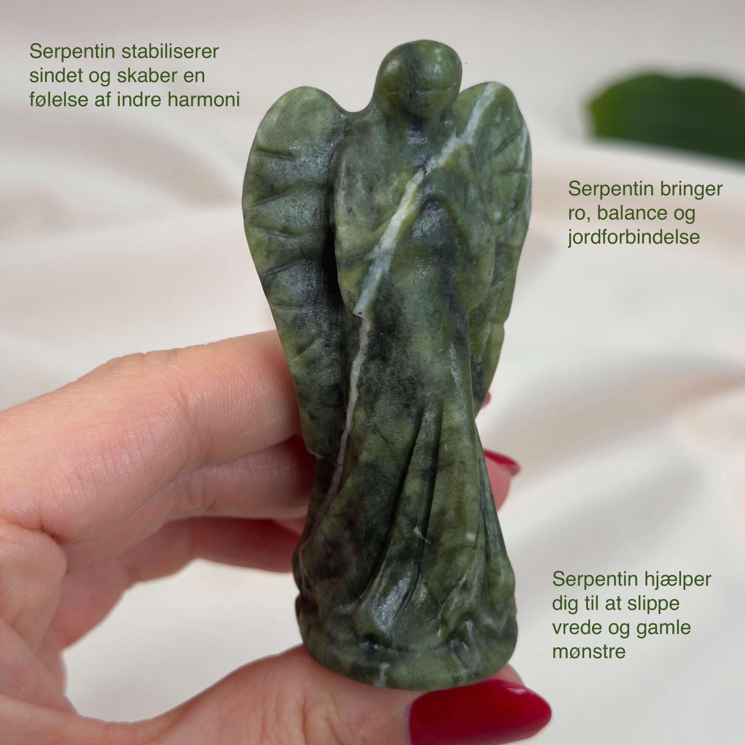 Serpentin Engel krystal sten i hånd på hvid baggrund med tags