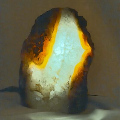 Agat lampe med naturlige mønstre og farvespil, der udsender et varmt og roligt lys i rummet.