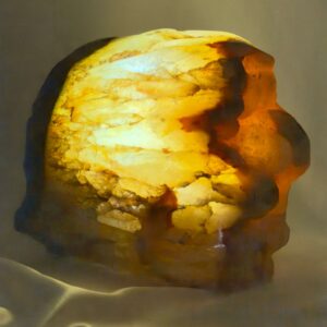 Agat lampe med naturlige mønstre og farvespil, der udsender et varmt og roligt lys i rummet.