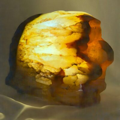 Agat lampe med naturlige mønstre og farvespil, der udsender et varmt og roligt lys i rummet.