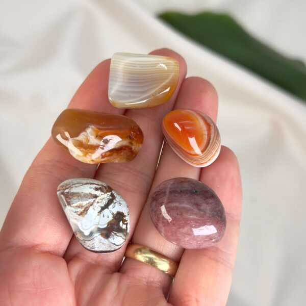 Healingssæt til harachakra med botswana agat, crazy lace agat, jordbærkvarts, karneol og sardonyx i varm og harmonisk opstilling