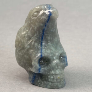 Krystal ravn på kranie figur med detaljeret udskæring, symbol på transformation, indsigt og livets cyklus i unik dekorativ krystalform